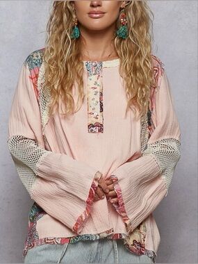 POL Baby Pink Double Gauze Patchwork Peasant Top